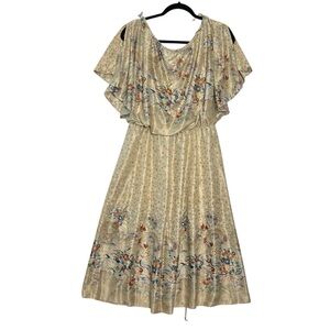 Vintage 70s Boho Dress Tie String Waist A Line Artsy Floral Print Size Medium
